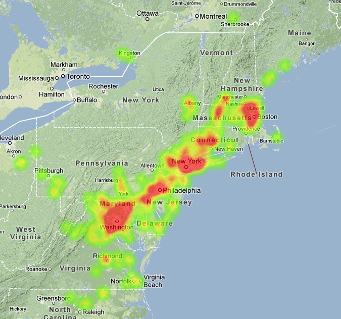 Heat Map For March 22nd, 2013 Northeast Fireball - (last update: 03/23 - 7am ET)