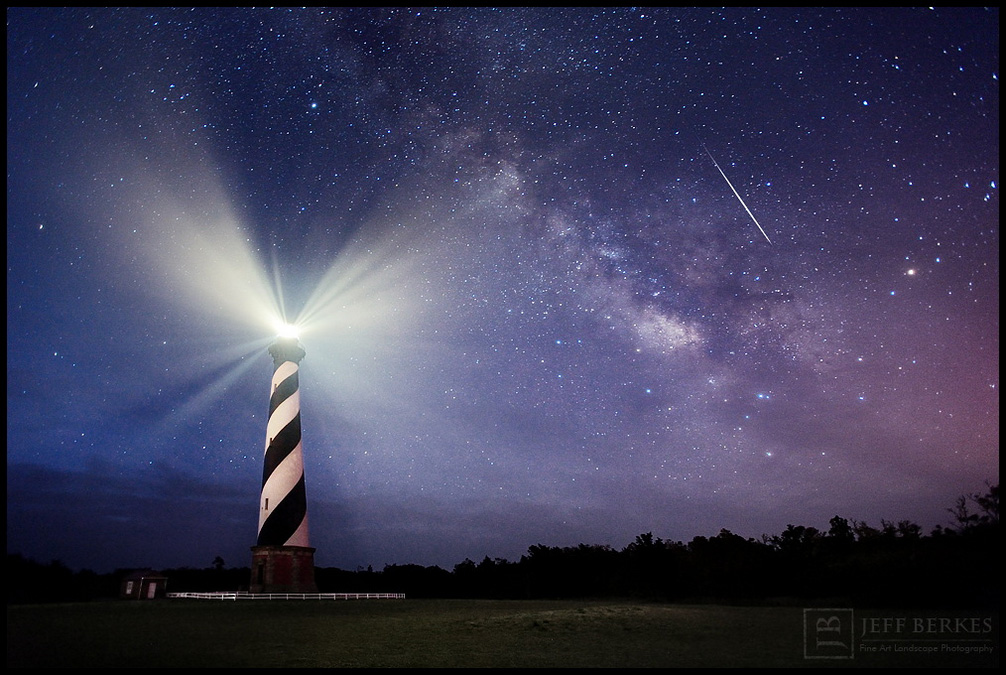 Cape Hatteras Lighthouse, the Milky Way and a Lyrid Meteor, 2013 by Jeff Berkes 