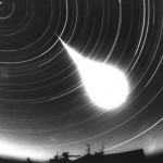 This exceptionally bright fireball trail was photographed with a fish-eye camera at a Czech Republic station of the European Fireball Network on January 21, 1999. Monitored by three stations of this network, the luminous trail is measured to begin at an altitude of 81.9 kilometers and covered 71.1 kilometers in 6.7 seconds. It is thought likely that a small (a few hundred grams) meteorite survived this fiery fall to Earth and landed near the Czech-Poland border. Picture courtesy of P. Spurny , (Astronomical Institute, Ondrejov Observatory).